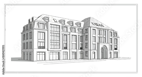 Detailed architectural illustration of an elegant European-style building facade concept