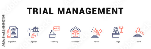 Trial Management Modern and clean web banner illustration featuring thematic icons for visual communication