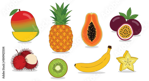 A vibrant collection of exotic tropical fruits digitally illustrated with a fresh, crisp, and clean aesthetic against a pristine white background to