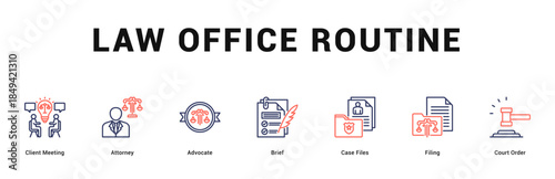 Law Office Routine Modern and clean web banner illustration featuring thematic icons for visual communication