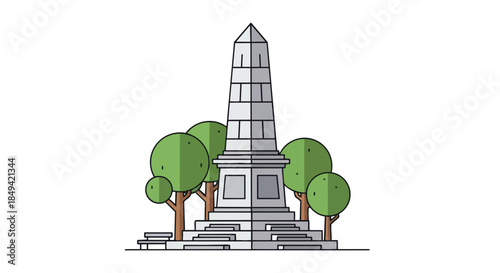 A sleek minimalist vector illustration capturing a majestic obelisk monument centrally positioned in a tranquil green urban park, featuring abstract