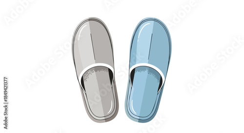 Minimalist illustration of a comfortable pair of indoor slippers, one in serene grey and the other in calming blue, symbolizing relaxation and
