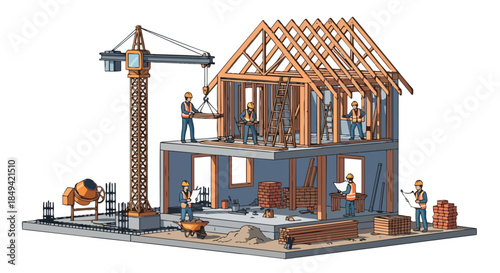 Illustration detailing residential construction with workers using cranes and various tools to erect a modern two story house from base to roof