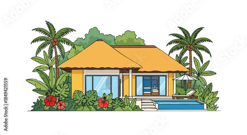 Discover a pristine tropical villa with a secluded private swimming pool amidst lush green foliage, swaying palm trees, and vibrant hibiscus blooms,