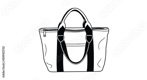 Monochrome line art illustration showcasing a modern versatile tote bag with functional handles and zipper details, perfect for accessory design