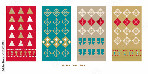 Four patterned fabric swatches with festive winter and christmas designs