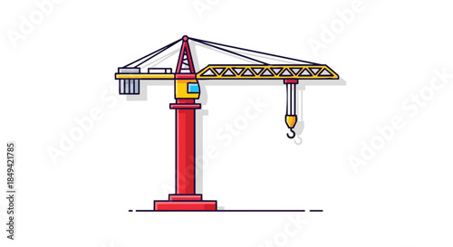 Vibrant vector graphic depicting a robust tower crane, emblematic of urban progress, new infrastructure, heavy lifting, and dynamic construction