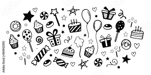 Black and white doodle illustration featuring various party and celebration elements