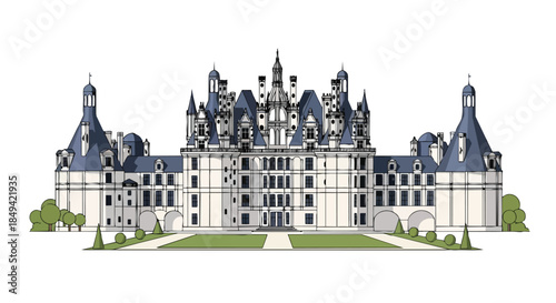 Majestic European castle illustration, featuring an intricate array of blue-grey turrets and stately towers. A symmetrical architectural marvel