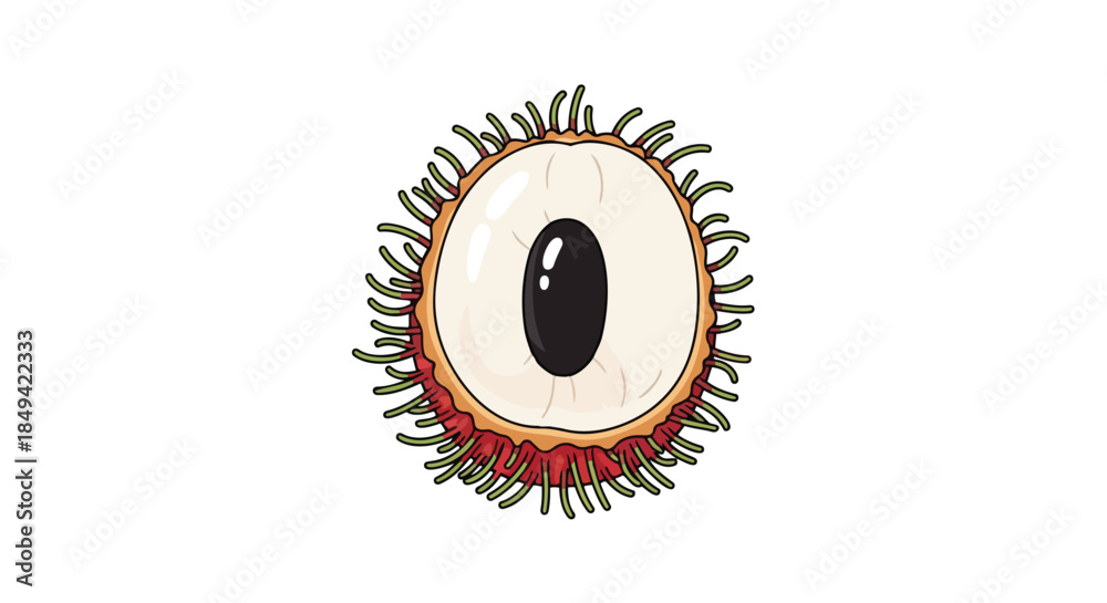 Fototapeta premium Vibrant cartoon illustration of a halved rambutan fruit showcasing its luscious white flesh and bold black seed, a delightful tropical treat