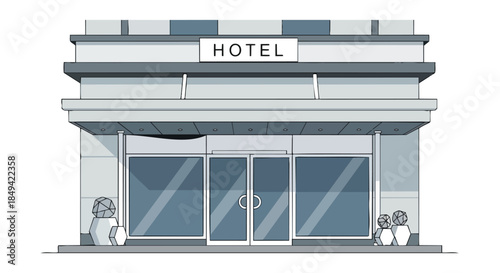 Stylized commercial lodging facility vector art depicting a welcoming entrance with broad glass doors