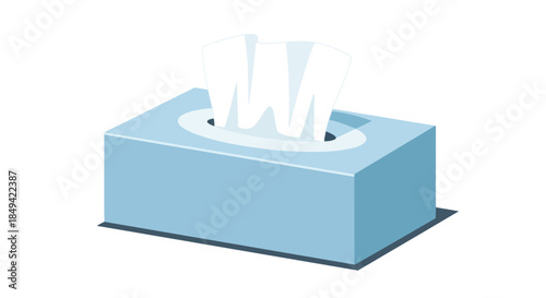 A gentle light blue tissue box illustration with soft white paper sheets emerging, symbolizing cleanliness and personal comfort, perfect for hygiene