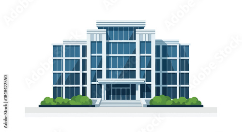 Vibrant minimalist illustration of a modern commercial office building featuring a striking blue glass exterior, crisp white framework, and subtle