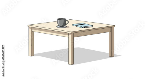 A stylish, simple light wood table holds a grey ceramic mug on a coaster next to a blue planner, ideal for a focused work session or a peaceful