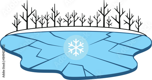 A flat vector illustration of a frozen blue pond featuring cracked ice and a central snowflake symbol, backed by a snowy bank lined with a row of leafless trees.