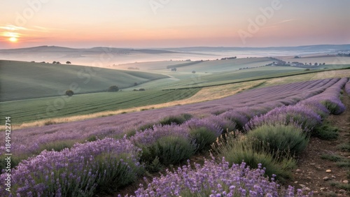 Enchanting Sunset Landscape: Lavender Fields and Purple Hills Bathed in Sunlight Under a Colorful Sky