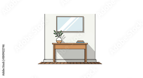 Modern minimalist entryway decor featuring a sleek console table, a fresh plant, and a reflective mirror against a pristine