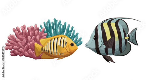 Vibrant marine life illustration featuring two striped tropical fish swimming gracefully amidst a colorful reef ecosystem with diverse coral
