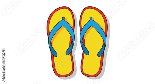 Vibrant vector illustration of a pair of yellow flip-flops with bright blue straps and red borders, perfectly embodying summer warmth, beach