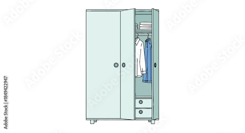 Illustrated simple wardrobe drawing showcasing organized interior with folded items hanging clothes a shirt trousers and storage drawers domestic