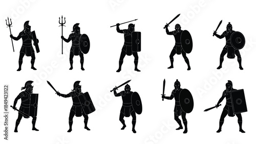 Collection of silhouettes of warriors with various weapons