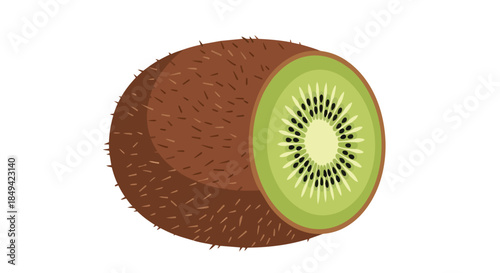 Modern flat design of a ripe kiwi fruit halved showcasing its vivid green pulp and characteristic black seeds on a pristine white background