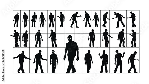 Multiple silhouettes of person walking in different directions and poses