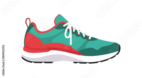 A vibrant vector illustration of a modern athletic running shoe featuring teal and bold red accents with crisp white laces, ideal for fitness and