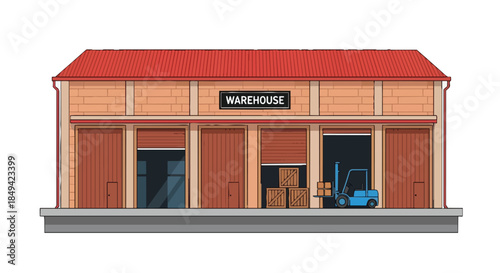Stylized illustration of a modern logistics warehouse facility, featuring multiple loading bays, one with a forklift and cargo.