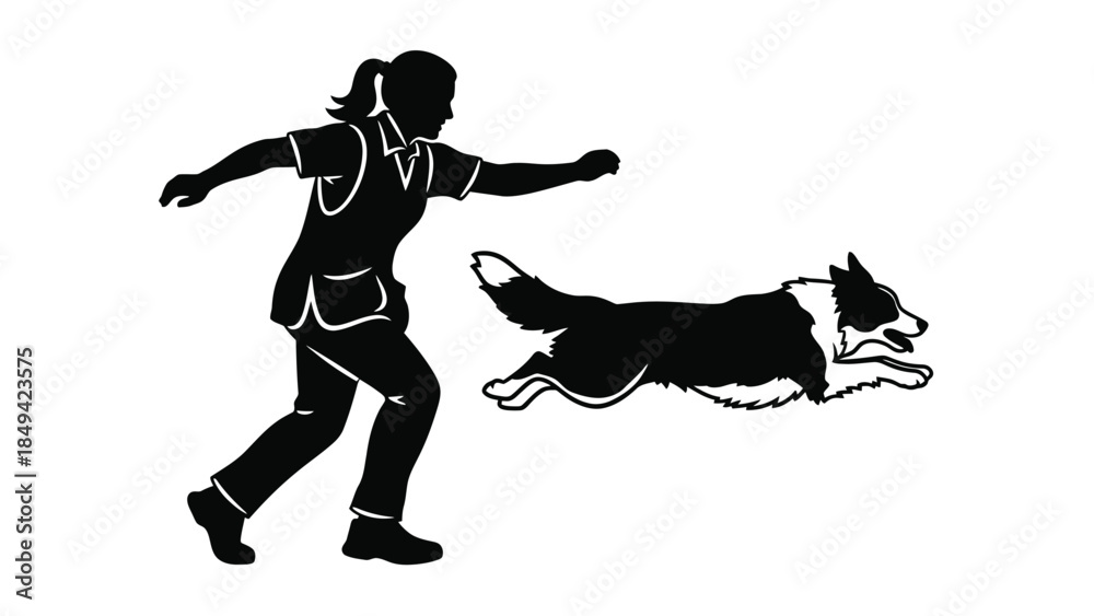Obraz premium Woman running with dog in silhouette