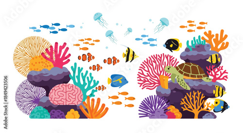 Vibrant marine illustration of a bustling coral reef ecosystem. Colorful fish, graceful jellyfish, and a serene sea turtle navigate this lively