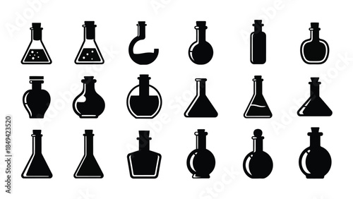 Collection of laboratory glassware icons in black and white