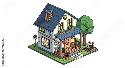 Idyllic cartoon home in isometric view featuring a cozy blue-roofed dwelling with an inviting porch flower boxes a lush garden and a charming