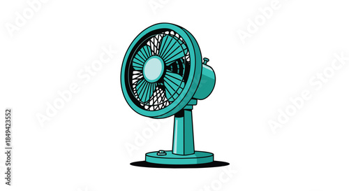 Stylized vibrant teal desk fan illustration for home or office comfort providing refreshing personal cooling an essential modern appliance for