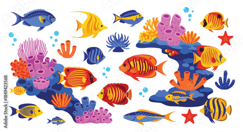 Vibrant underwater marine life illustration featuring an array of colorful tropical fish amidst lively coral reefs and ocean flora