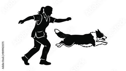 Woman running with dog in silhouette
