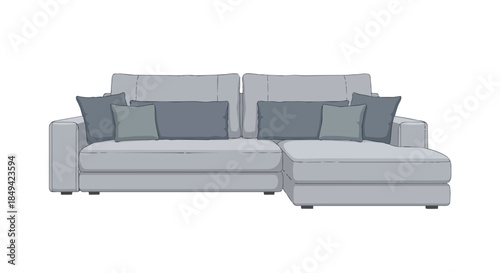 Modern grey sectional sofa with chaise lounge and blue accent pillows, ideal vector illustration for home interior designs