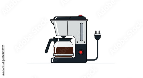 Illustration of a modern drip coffee maker appliance with a full glass carafe filled with freshly brewed coffee, featuring a disconnected power plug
