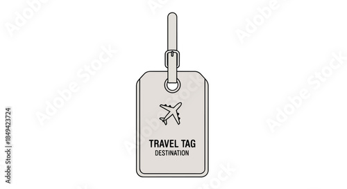 Minimalist travel tag illustration with an airplane icon and destination text, perfect for global journey planning and luggage identification needs