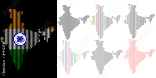 India vector map with vertical line pattern shape in different style. Infographic geographical borders, cities, states, provinces with vertical line pattern with Indian flag and territorial map