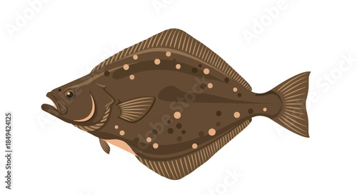 Digital illustration features a brown flatfish, possibly a flounder, displaying distinctive spots and fins. Ideal for marine-themed projects,
