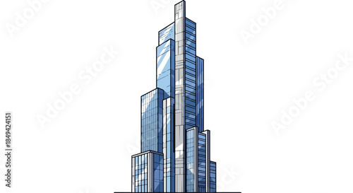 Modern high-rise building illustration with reflective blue glass and dynamic stepped architecture, representing urban expansion and a futuristic