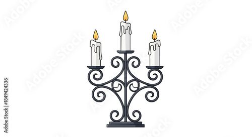 A charming illustration of an ornate dark metal candelabra, gracefully holding three white candles with melted wax and bright yellow flames,