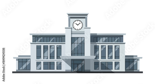 Modern institutional architecture showcasing a distinctive clock tower and large reflective windows