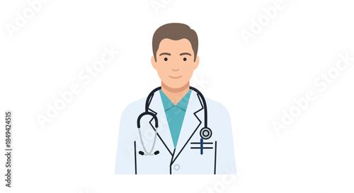 Professional male doctor wearing a stethoscope and white coat, isolated on a white background