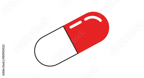 Clean and modern vector illustration of a red and white medical pill capsule, symbolizing healthcare, pharmaceutical treatments, and essential medication
