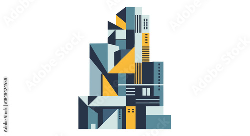 A vibrant geometric abstract cityscape illustration in cool blues, greys, and yellows. Dynamic interlocking shapes represent modern urban