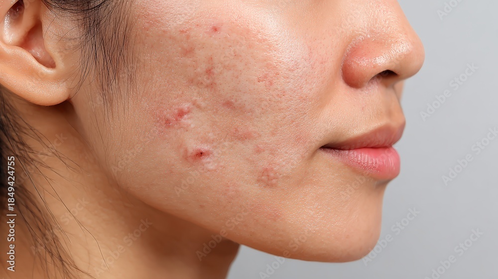 Obraz premium A close-up of a woman's face showing acne, with visible blemishes and redness, highlighting skin texture and health concerns.