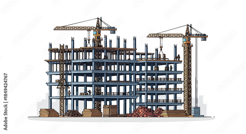 Fototapeta premium Dynamic multi-story building construction with cranes, workers, and a rising urban framework