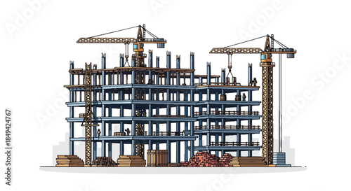 Dynamic multi-story building construction with cranes, workers, and a rising urban framework